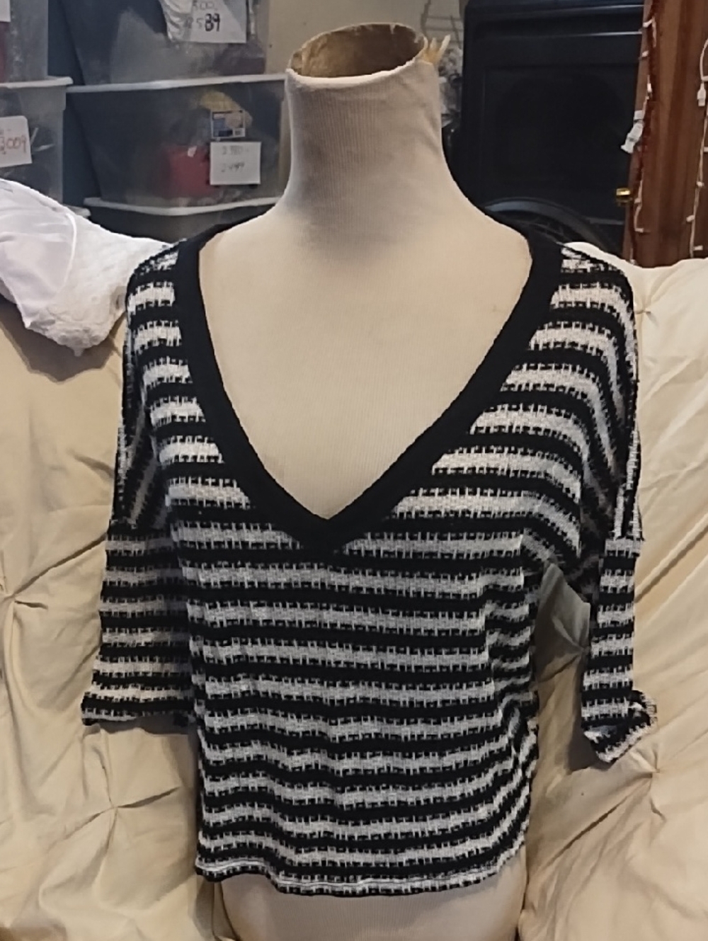 Sweet Claire Striped Black and White V-Neck Knit Top